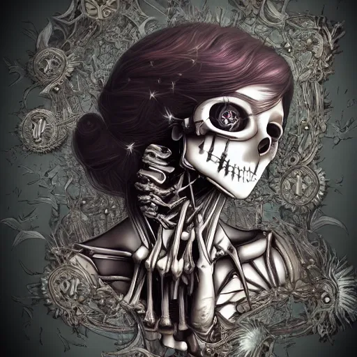 Prompt: surreal manga anime photo portrait of complex bio - mechanical beautiful young female skeletal cyborg with a mandelbrot fractal steampunk metal skull face, disney, retrofuturistic depressing, floral foliage, rococo, steampunk, 8 k