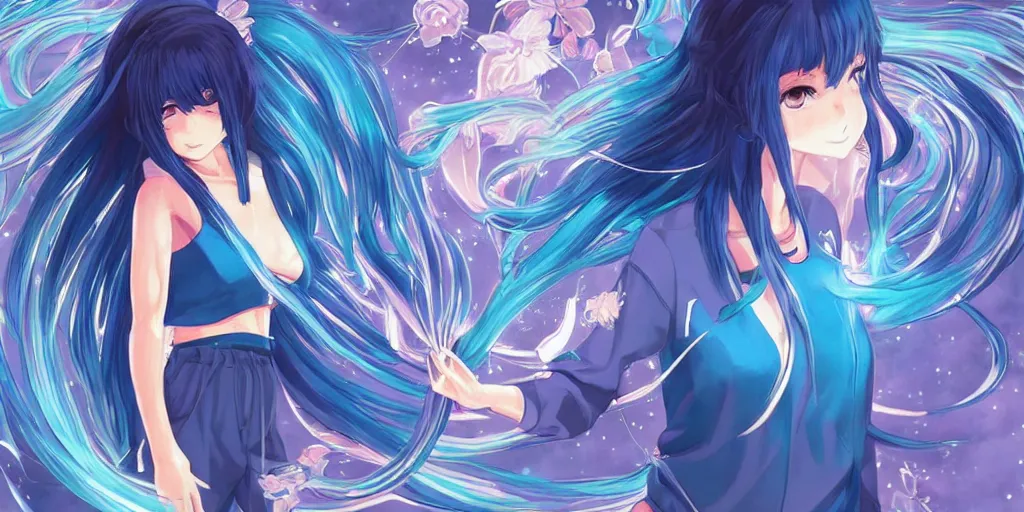 Prompt: anime key visual of a pretty girl with blue flowing hair, wearing sweatpants and a crop top, drawing a portal to another dimension in her room, intricate, lofi feel, magical, highly detailed, digital art, artstation, smooth, hard focus, illustration, art by artgerm