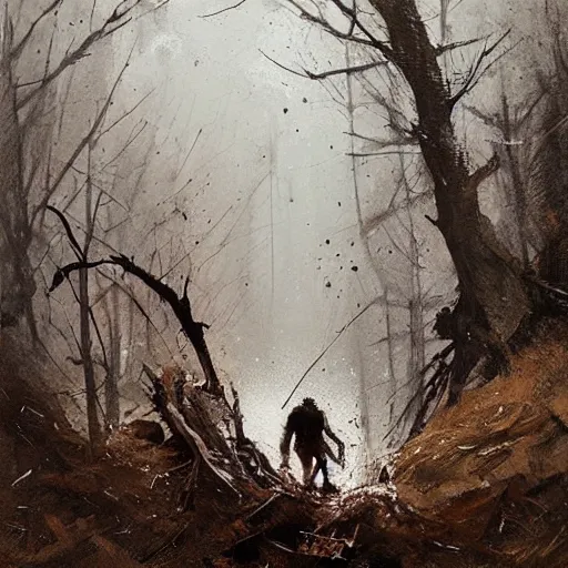 Prompt: painting by jakub rozalski of a muddy rooted humanoid creature with a big hole in the head