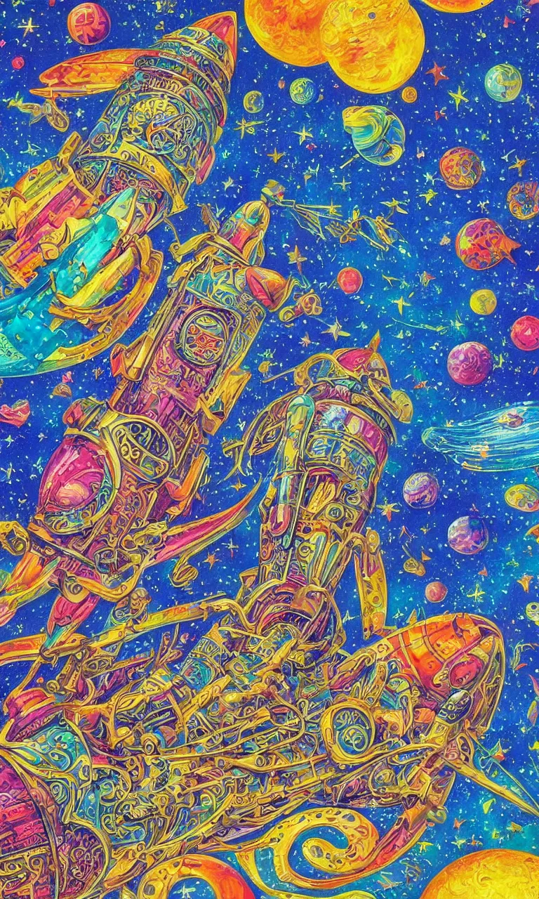 Prompt: an incredibly detailed masterpiece painting of a rocketship by bosch and lisa frank, ornate, beautiful, bold colors, detailed, high resolution, wow!, intricate