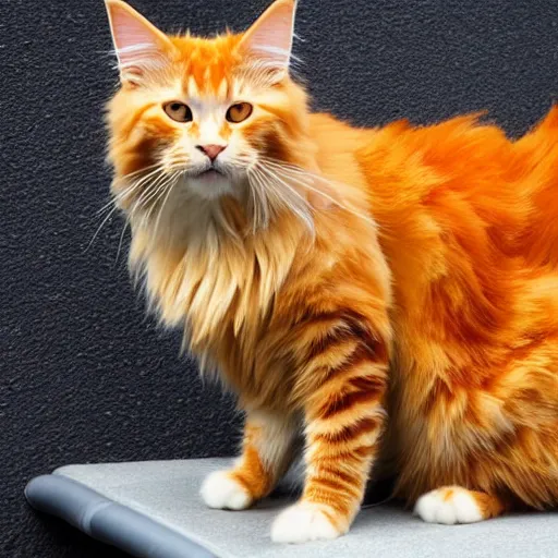 Prompt: orange maine coon cat wearing full plate armor, sitting on a wheelchair