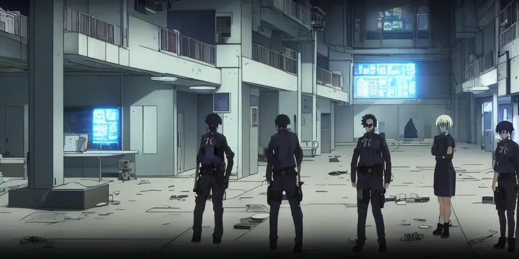 Image similar to an empty after hours cyberpunk police police office in the cyberpunk anime film, Shichiro Kobayashi, screenshot in the anime series ergo proxy ergo proxy and Detroit metal city, interior