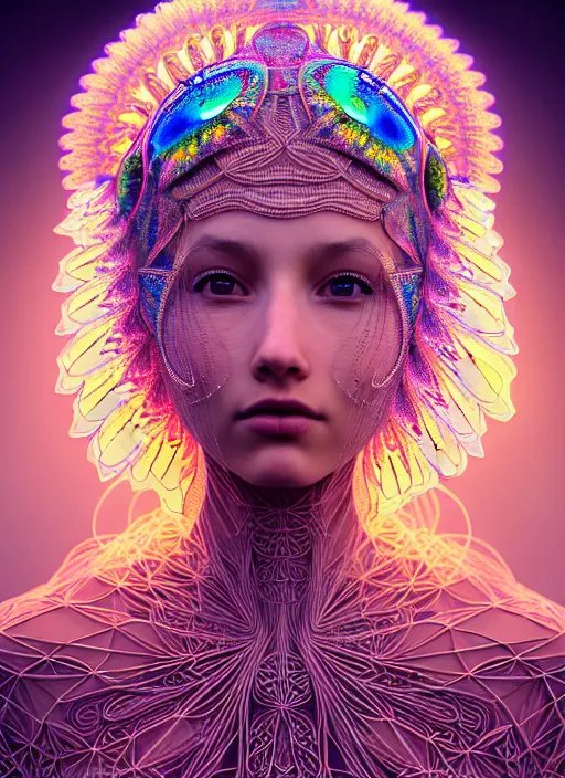 Prompt: absurdly beautiful, fashionable young woman with clear white skin, wearing a headdress made from plastic toys, in the fourth dimension, psychedellic, ayahausca, tryptamine, hyperdetailed illustration by irakli nadar and alexandre ferra, intricate linework, unreal engine 5 highly rendered, global illumination, radiant light, detailed and intricate environment