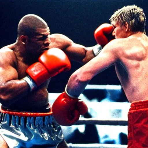 Image similar to mike tyson boxing ivan drago in a boxing ring in the movie rocky ii. movie still