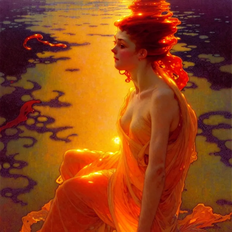 Image similar to sea of glossy liquid honey drops flowing like translucent amber, backlit, sunset, refracted lighting, art by collier, albert aublet, krenz cushart, artem demura, alphonse mucha