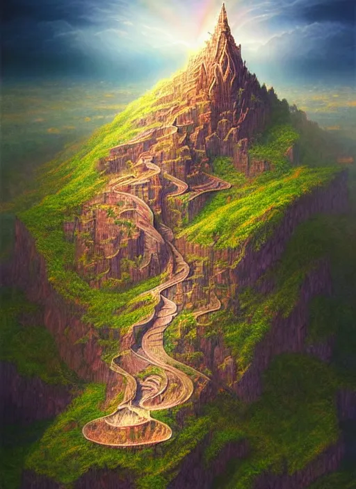 Prompt: artgerm and moebius and annie liebovitz, marvel comics, photorealistic, highly detailed, trending on artstation, Gediminas Pranckevicius a gorgeous mountain with mysterious temple on top , insane bright color ripples the scene with rainbows, woman with very long hip-length blonde hair, happy sunny day, wearing a cut-off white top and red dirt cut-off shorts standing by the water, beach tennis, modern architecture, in the style of