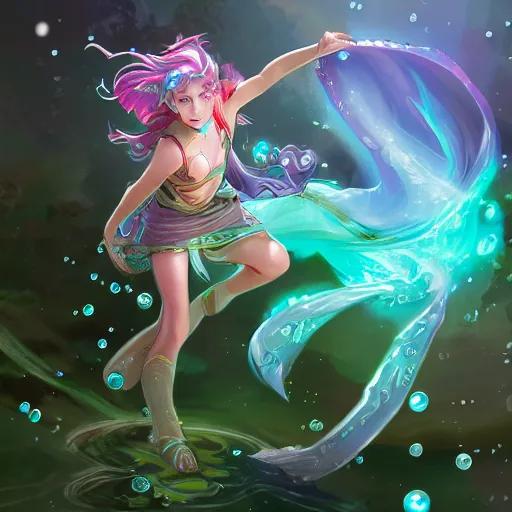 Image similar to female water mage, high quality character design, action pose : : spotlight, magical, seapunk, seaweed, bubbles, high detail, 1 6 k, oled, shadows, reflections, by rossdraws