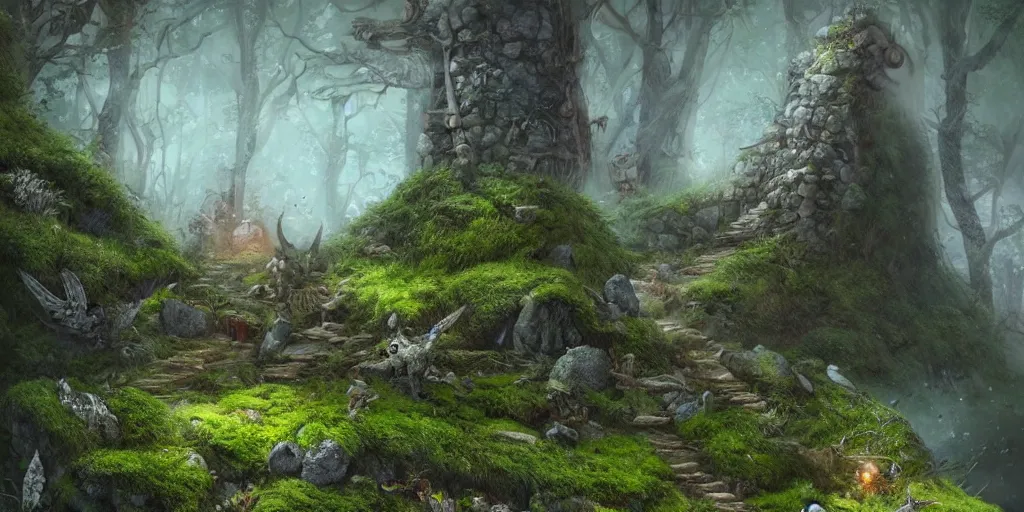 Prompt: Viking mount with bauta stones, densley overgrown with moss, plants, flowers, ferns, some fireflies flying in the air, atmospheric, amazing and immaculate scale, trending on Artstation, digital art