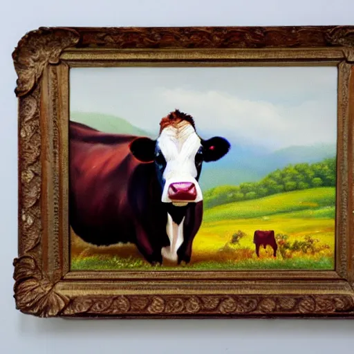 Prompt: cow on mountain oil panting