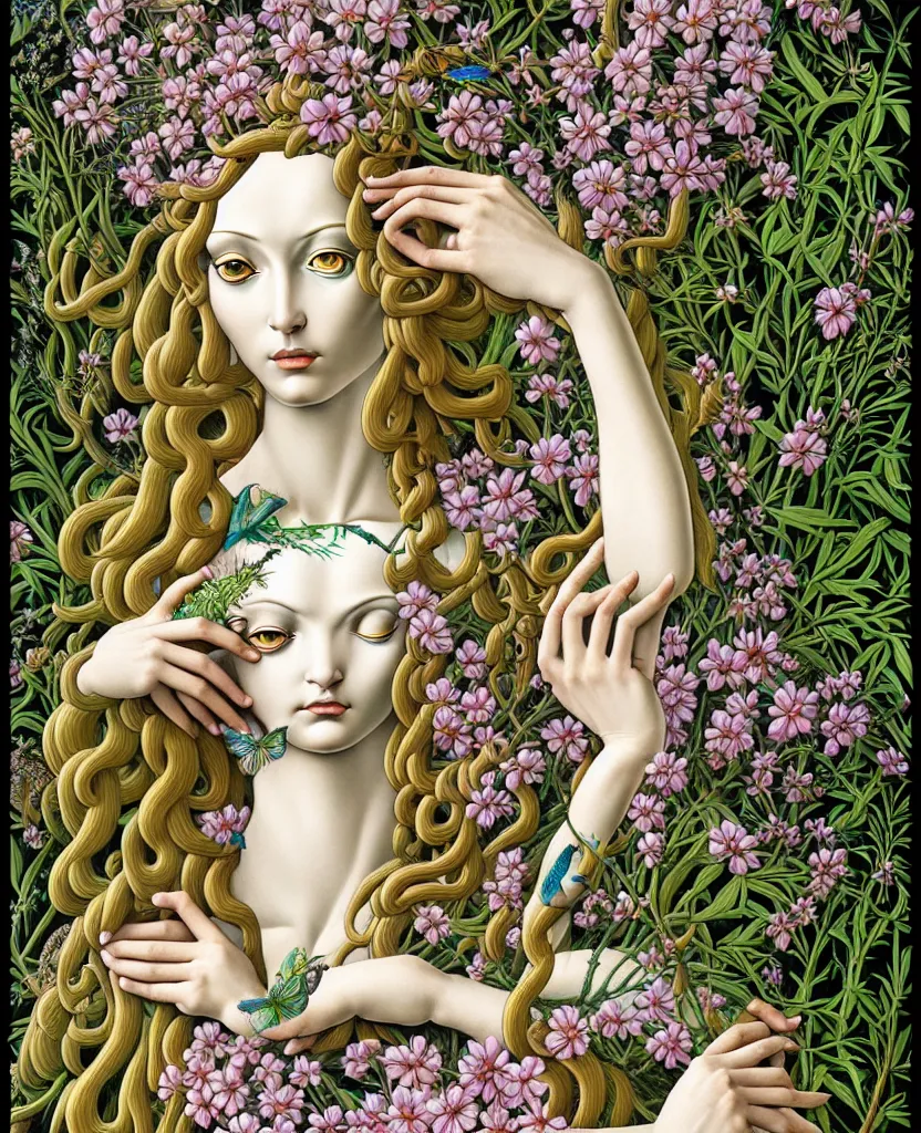 Image similar to the deity of Spring, made entirely out of flora and fauna, in a style combining Botticelli, Möbius and Æon Flux, surrealism, stunningly detailed artwork, hyper photorealistic 4K, vivid and perfect colors, very fine inking lines