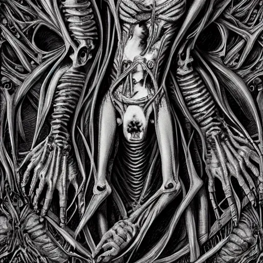 Image similar to cinematic scene of a detailed and intricate design of the back of full woman body and a baby fetus wrapped in bones, close up, rea, intrincate, in the style of giger, studio shot, dark shadows, creepy, nightmarish, dynamic lighting, great finesse organic hyper detailed, engineering blueprints, technical drawings, calculus, stained paper, hyperrealistic, ultra detailed, 16K, unreal engine, trending on artstation