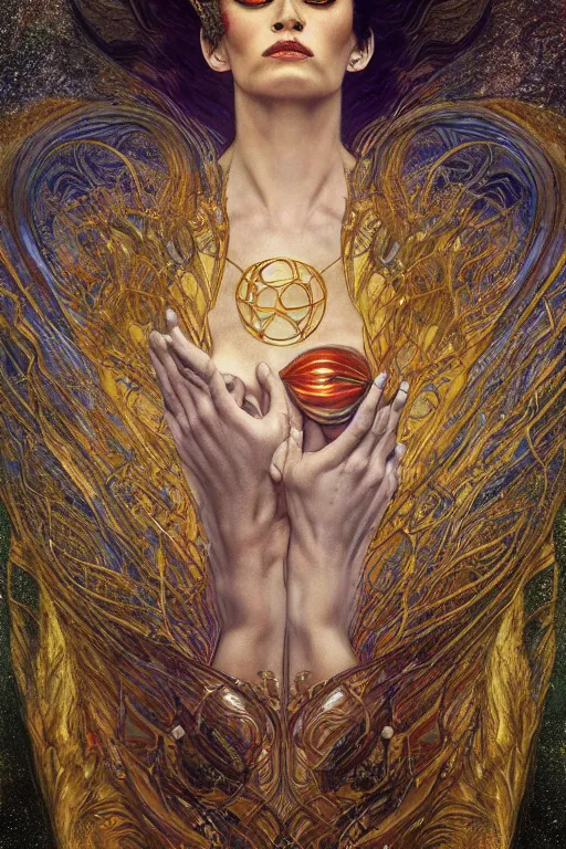 Image similar to Intermittent Chance of Chaos Muse by Karol Bak, Jean Deville, Gustav Klimt, and Vincent Van Gogh, beautiful Surreality portrait, enigma, Loki's Pet Project, destiny, Poe's Angel, fate, inspiration, muse, otherworldly, fractal structures, arcane, ornate gilded medieval icon, third eye, spirals