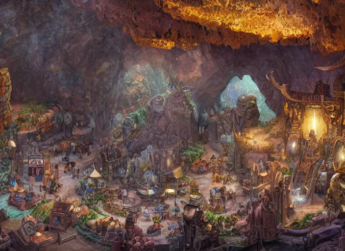 Image similar to close up view of a bustling fantasy marketplace in a large cavern by jeff darrow and moebius, earth and pastel colors, dramatic perspective, highly detailed, ultra realistic, masterpiece, 4 k, 8 k