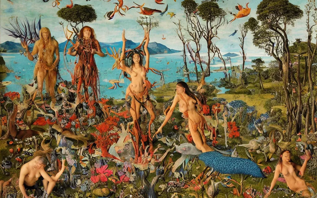 Prompt: a photograph of a meditating centaur shaman and a flayed mermaid feeding birds at a wide river delta. surrounded by bulbous flowers, animals and a few trees. cliffs under a blue sky of burning stars. painted by jan van eyck, max ernst, ernst haeckel, ernst fuchs and artgerm, trending on cgsociety, psychedelic patterns