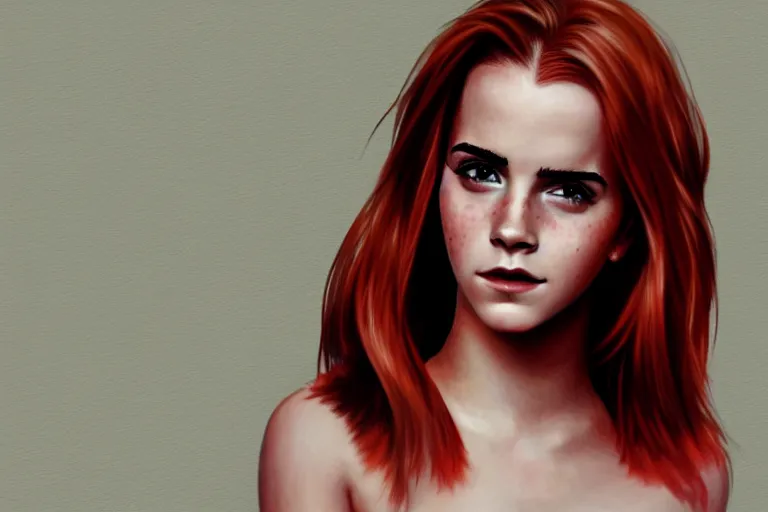 Image similar to Red-haired beauty Emma Watson in a bikini, highly detailed, mid-shot ,pixiv , digital painting , concept art