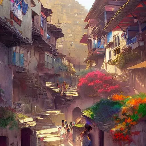 Image similar to colorful Kurdish village, anime, a fantasy digital painting by Greg Rutkowski and James Gurney, trending on Artstation, highly detailed