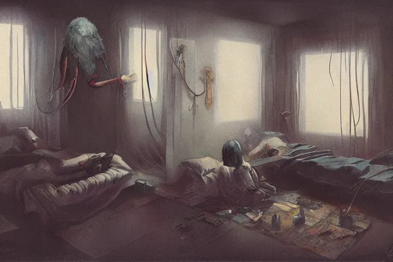 Prompt: IKEA catalogue photo, cyberpunk teenager bedroom, ghosts, screens, TVs, monitors, robots, by Beksiński