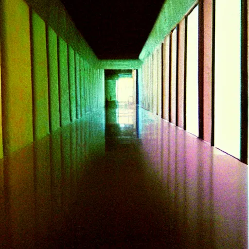 Image similar to Beautiful colored-photo cameraphone 2005 soft liminal Photograph of an infinite dark hallway pool