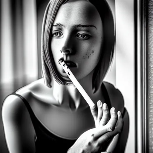 Image similar to black and white photography of highly detailed beautiful depressed Woman with detailed face in the heroine chique style standing by the window and smoking a cigarette with beautiful hand Rendered in Blender and Octane Render volumetric natural light