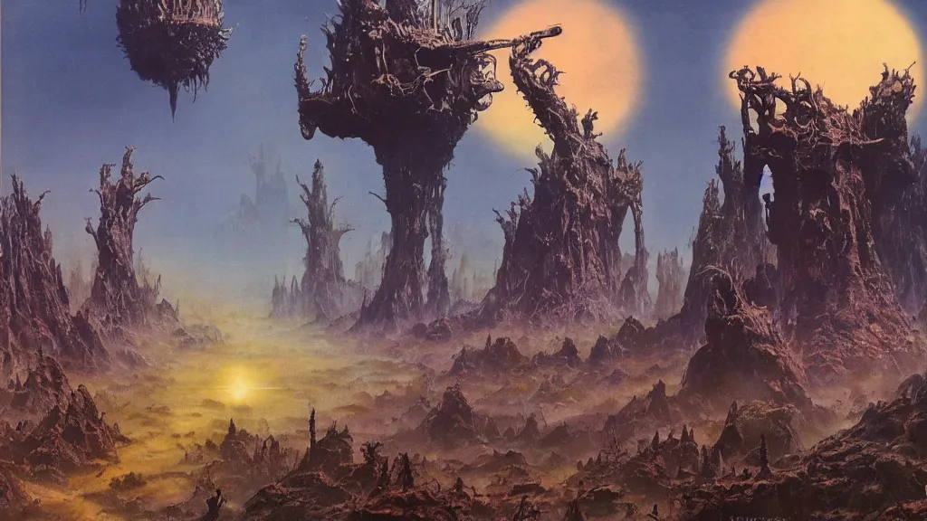 Image similar to surreal eerie alien planet empire with strange biomechanical plants by frank frazetta and bruce pennington, cinematic matte painting