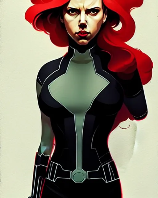 Image similar to rafael albuquerque comic art, peter mohrbacher, phil noto, artgerm, pretty scarlett johansson black widow, symmetrical eyes, long red hair