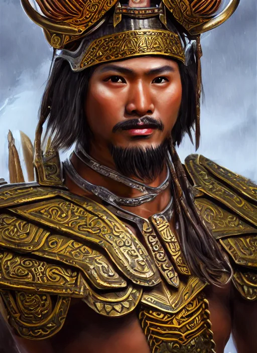 Image similar to smart tai warlord of yodia, closeup portrait, without beard and mustache, historical hero, ethnic group, tai costume, thai traditional bronze headdress, intricate, with leather armor cross on bare chest, elegant, loin cloth, highly detailed, oil painting, artstation, concept art, matte, sharp focus, illustration, hearthstone, art by earl norem