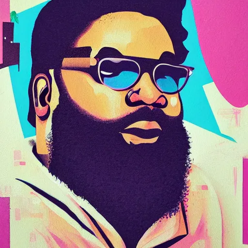 Prompt: Painting of Rick Ross by Sachin Teng :4 , asymmetrical, Matte Painting , smoke, geometric shapes, marijuana, hard edges, energetic, graffiti, street art:2 Masterpiece, high detail, by Sachin Teng:4