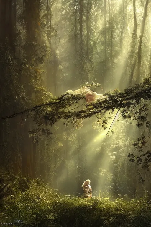 Image similar to mean fluffy teddybear protecting girl in a forest with rays of light coming through the canopy, masterpiece, dystopian, sci-fi, extremely detailed, digital painting, sculpted in zbrush, artstation, concept art, smooth, sharp focus, illustration, chiaroscuro lighting, golden ratio, incredible art, artgerm, greg rutkowski, alphonse mucha, simon stalenhag, carravaggio