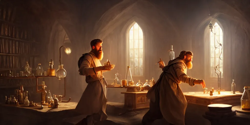 Prompt: a handsome bearded caucasian male sorcerer with brown hair, he is in a alchemist lab filled with beakers and equipment, he is casting a spell from a open book with magic filling the frame, neutral pose, epic composition, 4 k, light rays, super coherent, by dave melvin and greg rutkowski