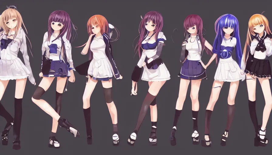 Image similar to group of cute anime characters in very short miniskirts, lightly dressed, ultra detailed digital art, hyper real, detailed, group photo, ultra detailed, ground up angle