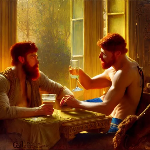 Image similar to attractive male mike with ginger hair with attractive male tyler with brunet hair, drinking their hearts out, in their noble mansion. highly defined painting, highly detailed painting by gaston bussiere, craig mullins 8 k