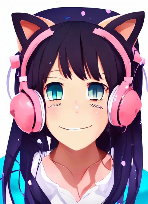 Image similar to portrait of a cute anime girl streamer wearing cat ear headphones smiling at the camera, symmetrical face, perfect face details, digital painting, trending on artstation, deviantart, artgem, perfect composition, ross draws, wlop