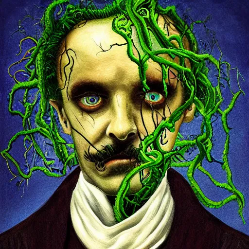 Prompt: award - winning painting of a edgar alan poe, infested with pitch green, grass - like, shadow roots with lots of tendrils on the skin, blue veins, intricate detail, deep red roots, infestation, shadowy, lovecraftian, beksinksi, chiaroscuro, close - up portrait shot