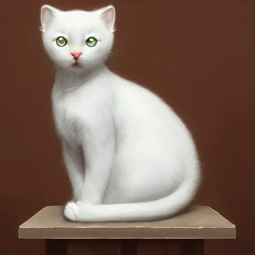 Image similar to A little white kitty sitting on a table, Graceful body structure,cute,Symmetrical face,highly detailed,elegant,Marc Simonetti and Caspar David Friedrich, Trending on artstation