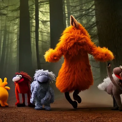 Prompt: a large fox muppet wearing a hooded cloak herding a bunch of random muppet animals following behind through a dark forest, sesame street, photograph, photography, ultrarealistic, national geographic