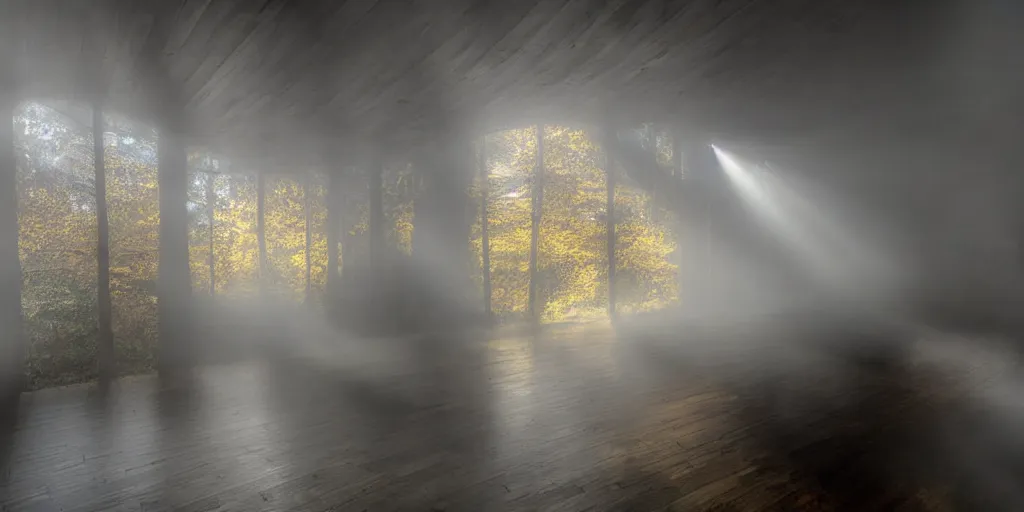 Prompt: wide angle photograph atmospheric light bloom autumn fog outside sunlight shining through windows reflections award winning contemporary interior