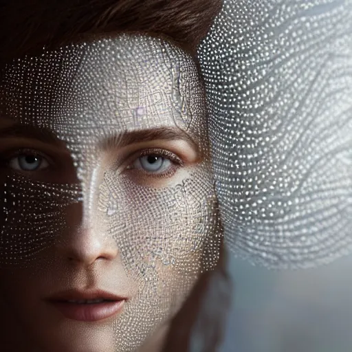 Image similar to full shot of a regal brown woman wearing an intricate and detailed armor made of thousands of dew drops. refracted light. reflections. morning dew.. delicate. translucent. no makeup!! haunting eyes. vulnerable. fragile. ethereal. refracted light. by louise dahl - wolfe. by michal karcz. octane render