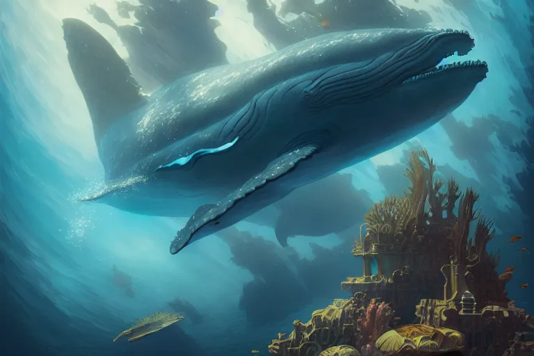 Image similar to underwater atlantis with whales, elegant, intricate, digital painting, artstation, concept art, smooth, sharp focus, illustration, art by artgerm and greg rutkowski and alphonse mucha