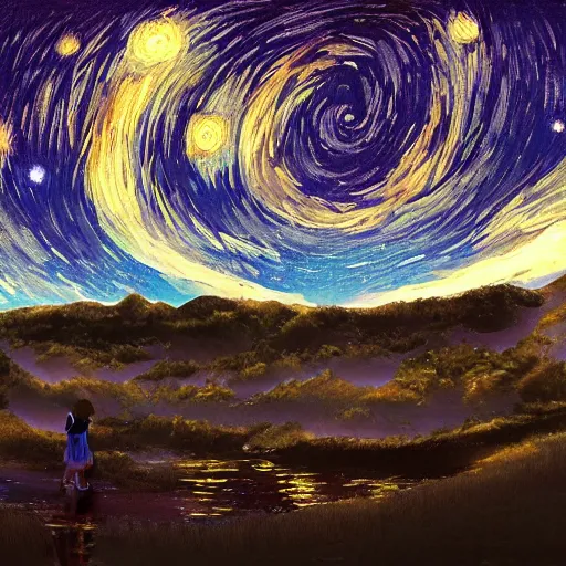 Image similar to Starry night, dreamy world, makoto shinkai, pixiv scenery art, light refraction