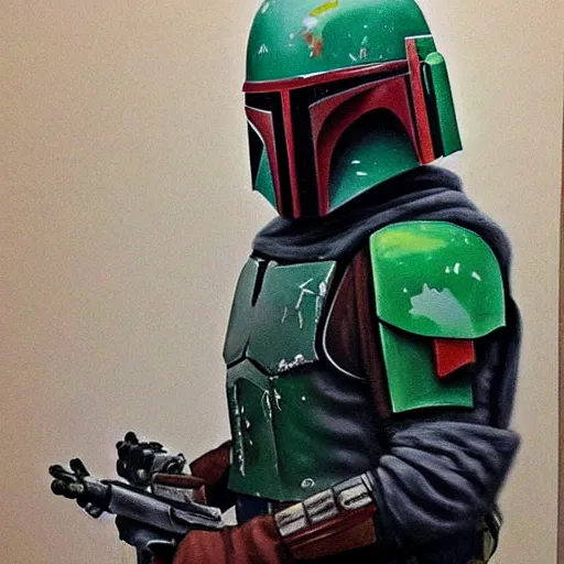 Image similar to Boba Fett staring at his bounty target from a distance, oil painting