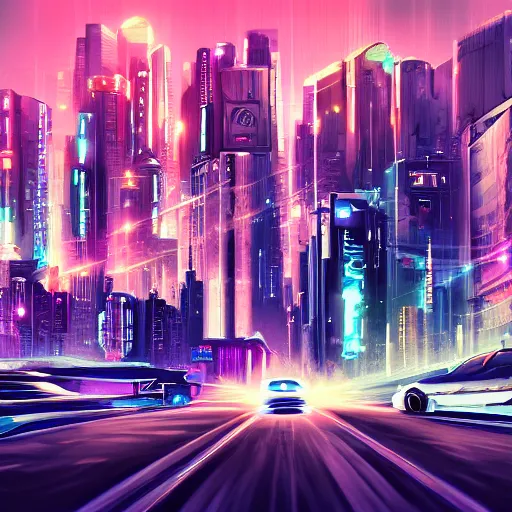 Prompt: cyberpunk landscape, cars, city, synth style