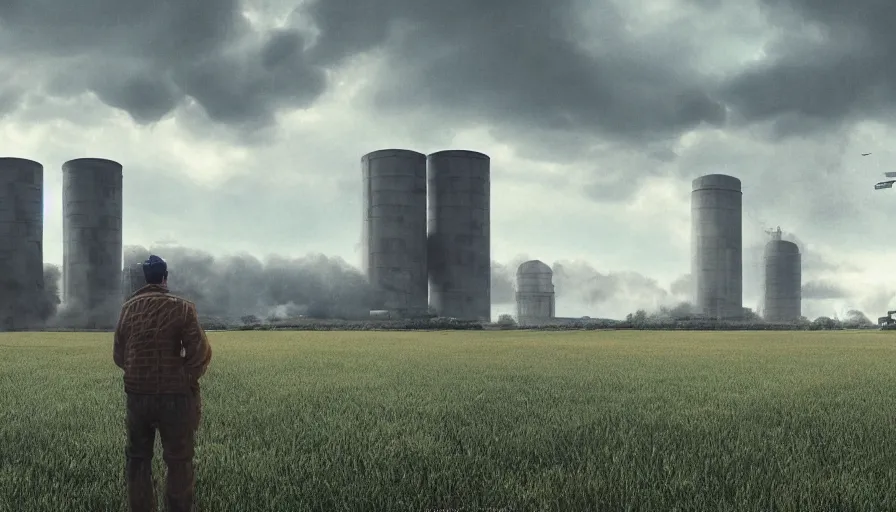 Image similar to farmer watching missiles takes off from silos built under meadows, cloudy day, hyperdetailed, artstation, cgsociety, 8 k