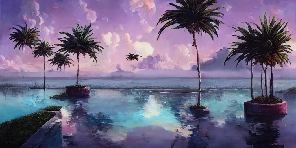 Image similar to artgem and greg rutkowski masterpiece, hyperrealistic surrealism, award winning masterpiece with incredible details, epic stunning, infinity pool, a surreal vaporwave liminal space, highly detailed, trending on ArtStation, calming, meditative, pink arches, palm trees, very vaporwave, very very surreal, sharp details, dreamscape, gigantic alien mirror structure