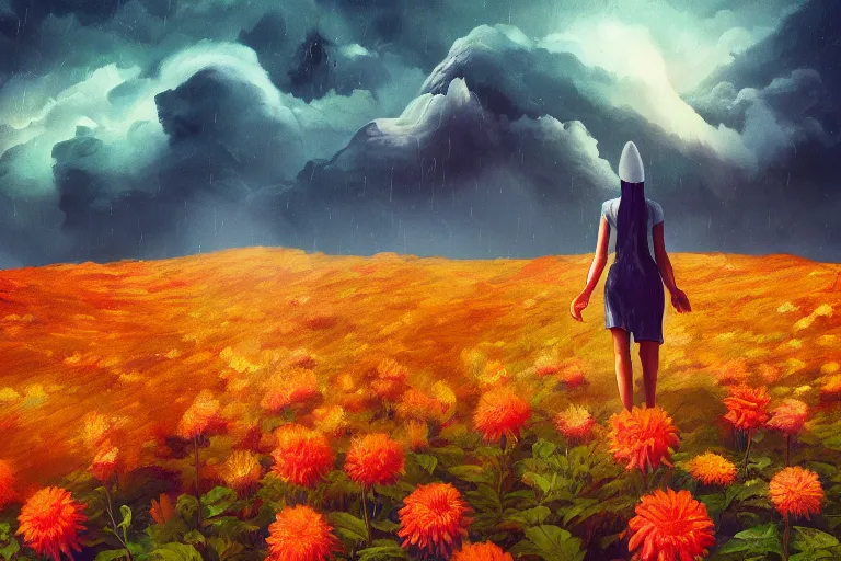 Image similar to giant dahlia flower as a head, girl walking on mountain, surreal photography, stars, dramatic light, impressionist painting, storm clouds, digital painting, artstation, simon stalenhag