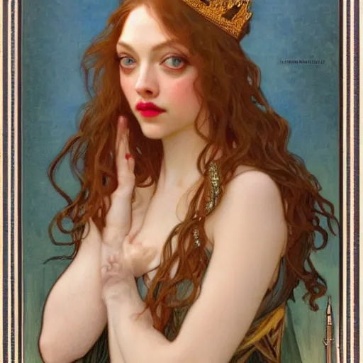 Image similar to amanda seyfried portrait by louis - theophile hingre and alphonse mucha, realistic, sharp focus, zodiac signs, tarot cards, planets, ethereal, art nouveau, magic, moon, sun, crown, dreamy, royal, jewellery