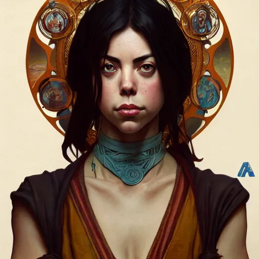 Image similar to cyber monk aubrey plaza, fantasy, d & d, intricate, detailed, by by alphonse mucha, adolfo hohenstein, alice russell glenny, stanley artgerm lau, greg rutkowski, detailed, trending on artstation, trending on artstation, smooth