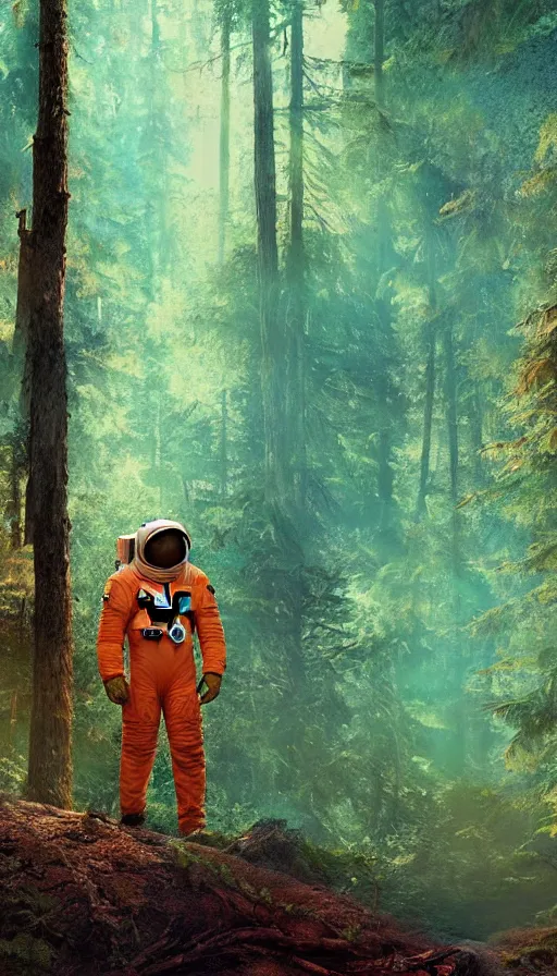 Image similar to american astronaut in the forest in orange and teal suite, plants environment wide angle cinematic lighting atmospheric realistic octane render highly detailed, octane render, in the style of craig mullins