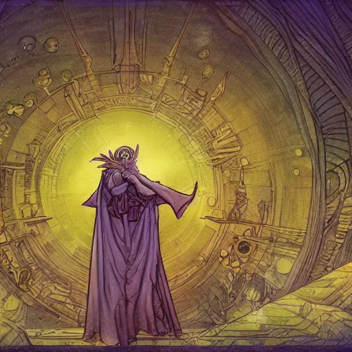 Image similar to album art priest casting divine spacesword spell , in the style of Greg Broadmore and Arthur Rackham and Moebius,trending on artstation, light lighting side view,digital art,surrealism ,macro,blueprint ,vaporwave ,