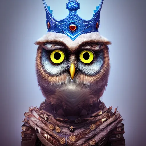 Image similar to cute owl, charactor, with big blue eyes, with a crown on his head, magical, warrior, portrait, hyper detailed, stylistic, symmetrical, 3 d render, photorealitic, 8 k, octane render