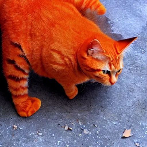 Image similar to orange cat, colored like the cheshire cat, photo